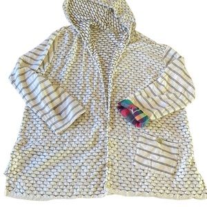 Margaret Winters White with Black Design  Button up Sweater Patterned Sleeves XL